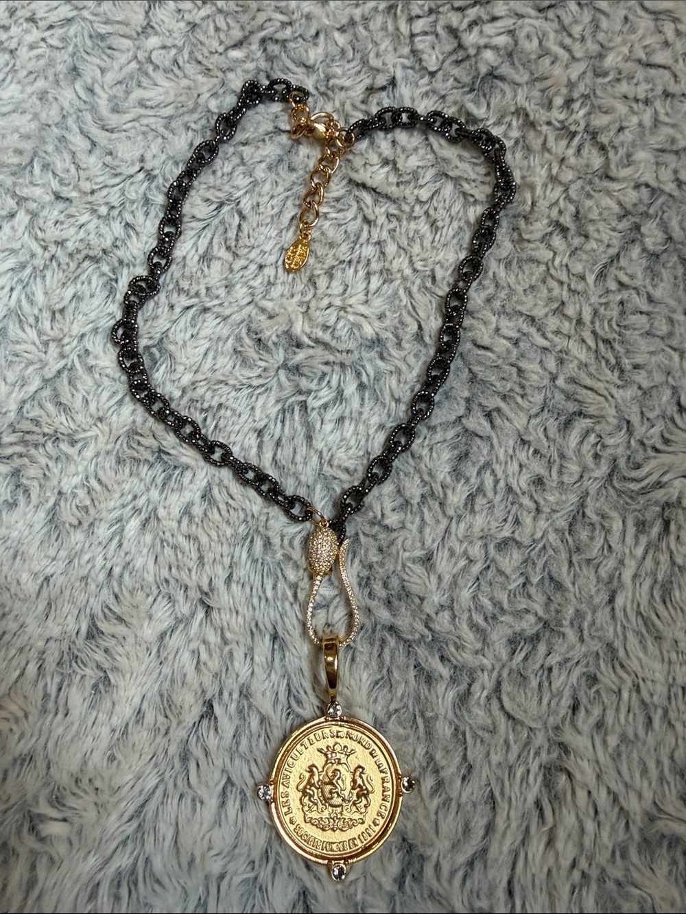 Melania Clara Gold Medallion Pendant Necklace with Black Chain